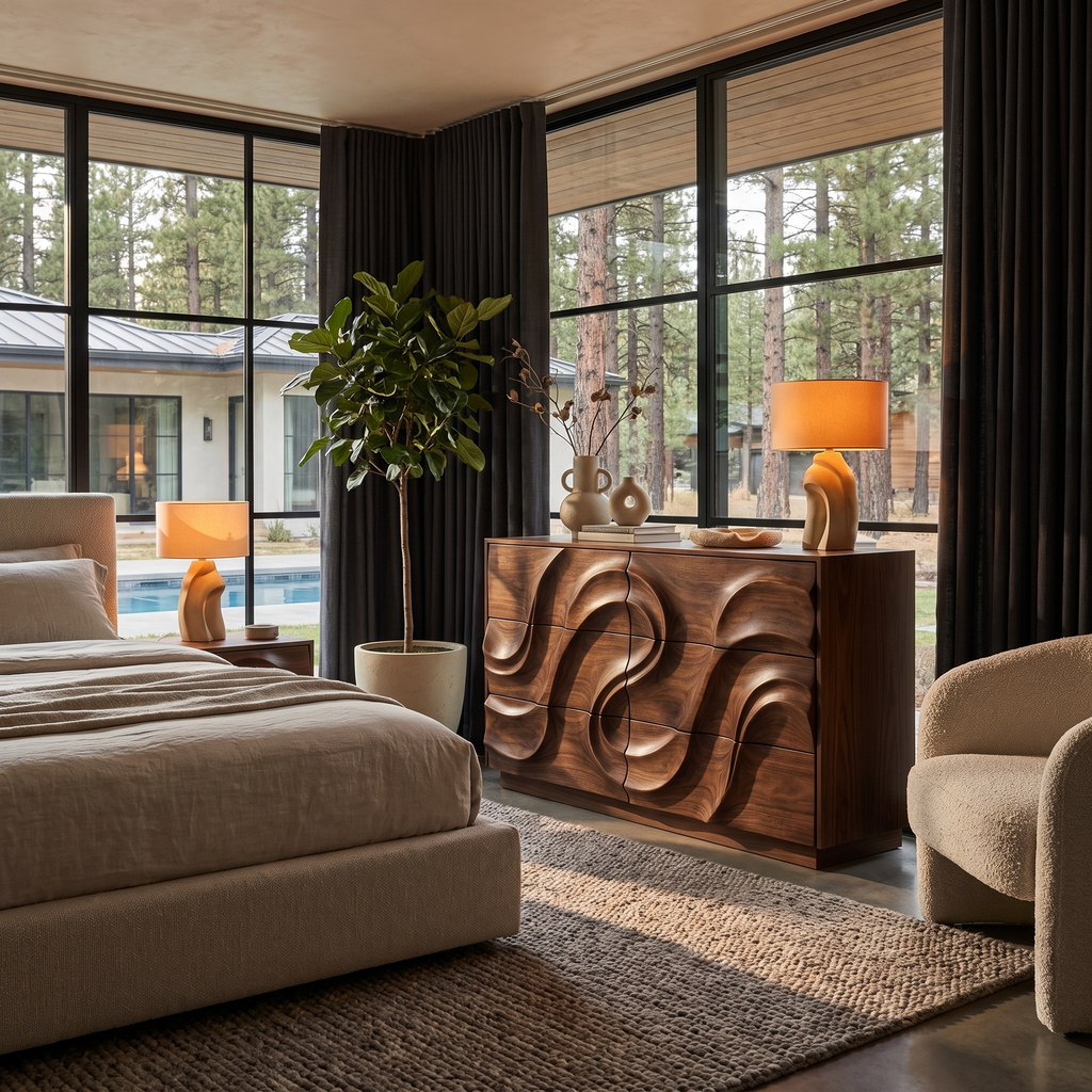 Organic Bedroom Dresser With Flowing Wave Pattern For Bedroom