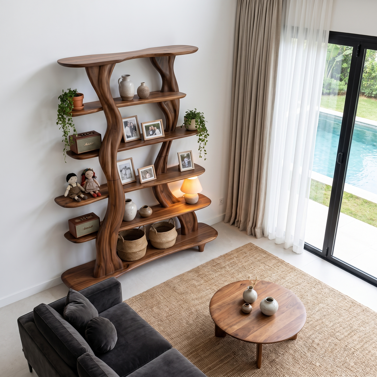 Mid Century Sculptural Bookshelf With Branch Inspired Frame For Living Room