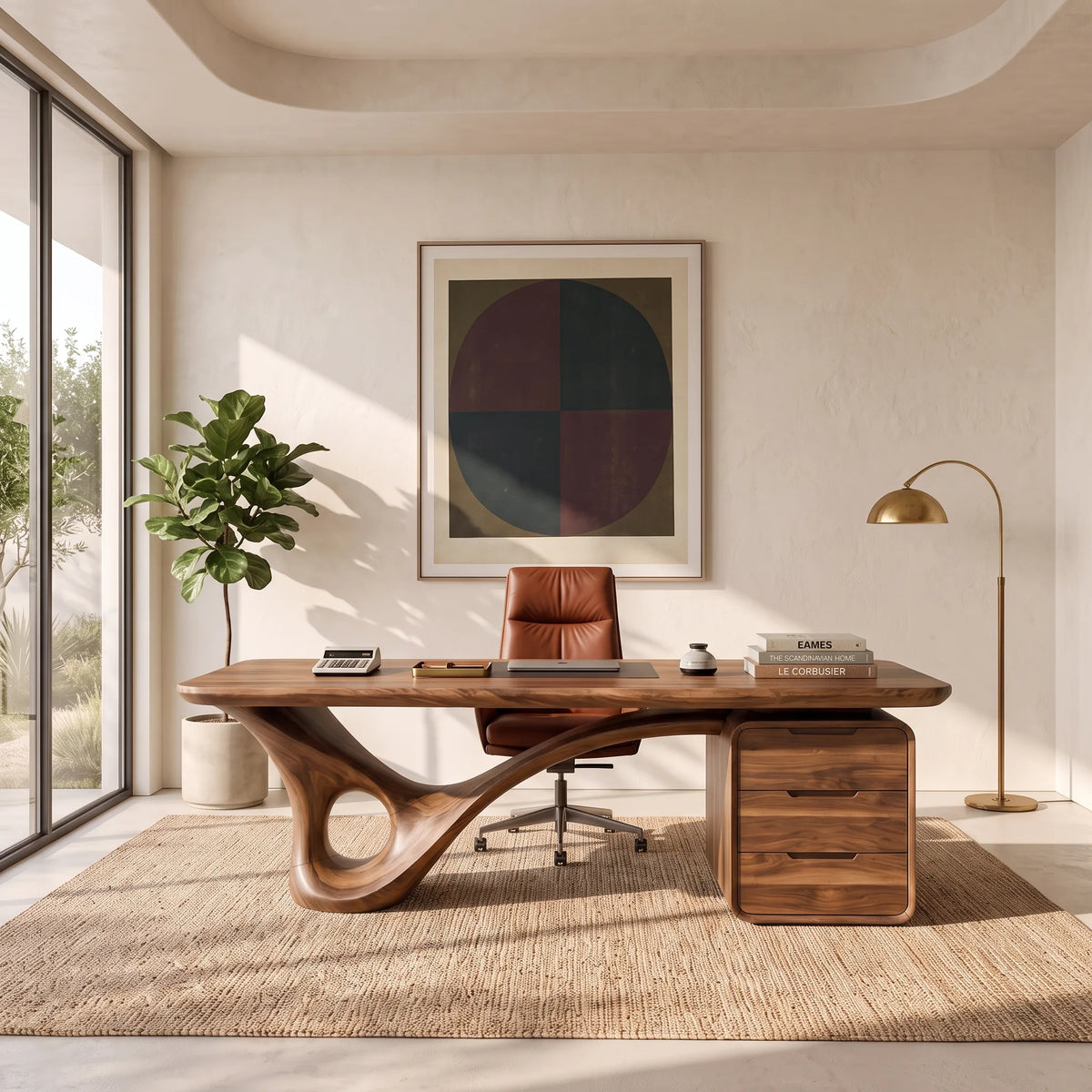 Modern Executive Desk Curved Base With Drawers For Home Office