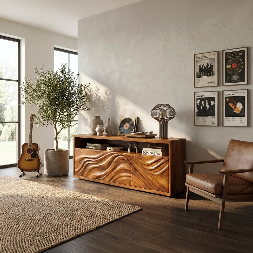 Minimalist Scalloped Carved Sideboard Bright Living Room