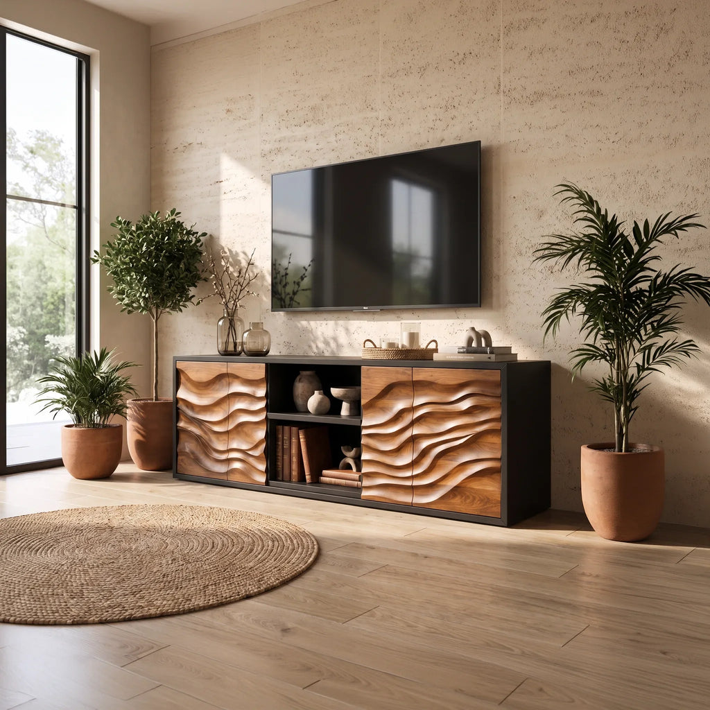 Contemporary Tall Sculpted Sideboard Bright Living Room