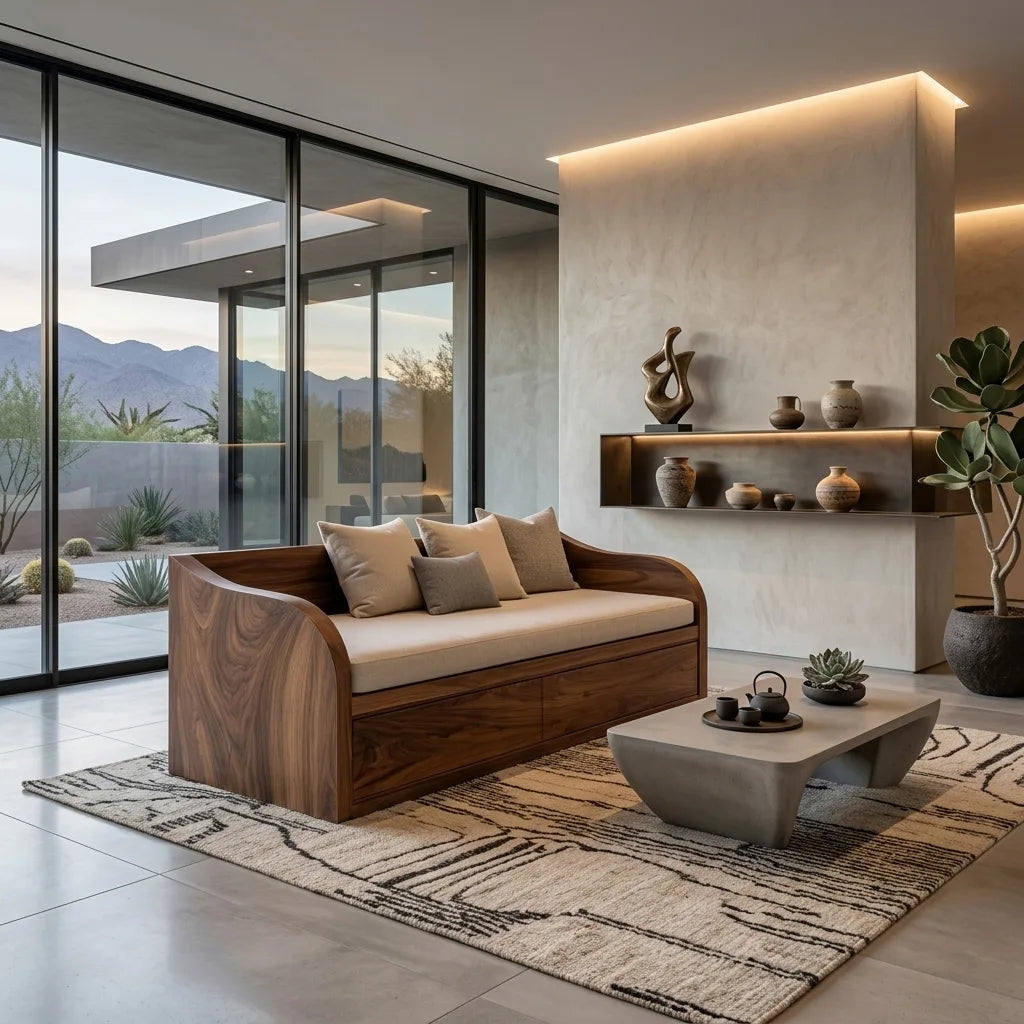 Modern Wooden Sofa With Integrated Drawers For Living Room