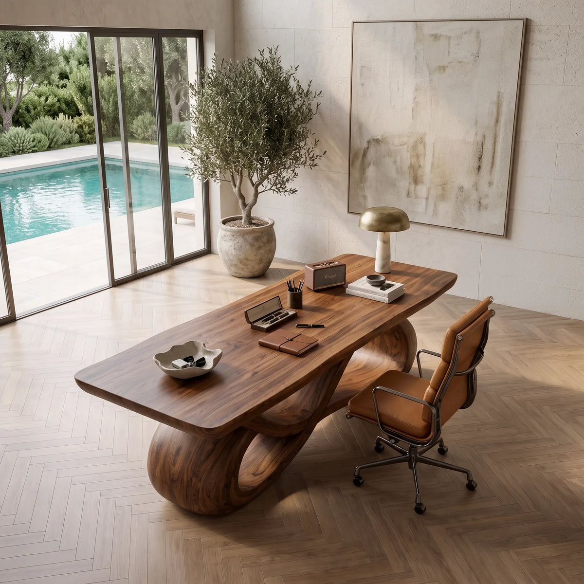 Contemporary Executive Desk Organic Curved Base For Modern Workspace