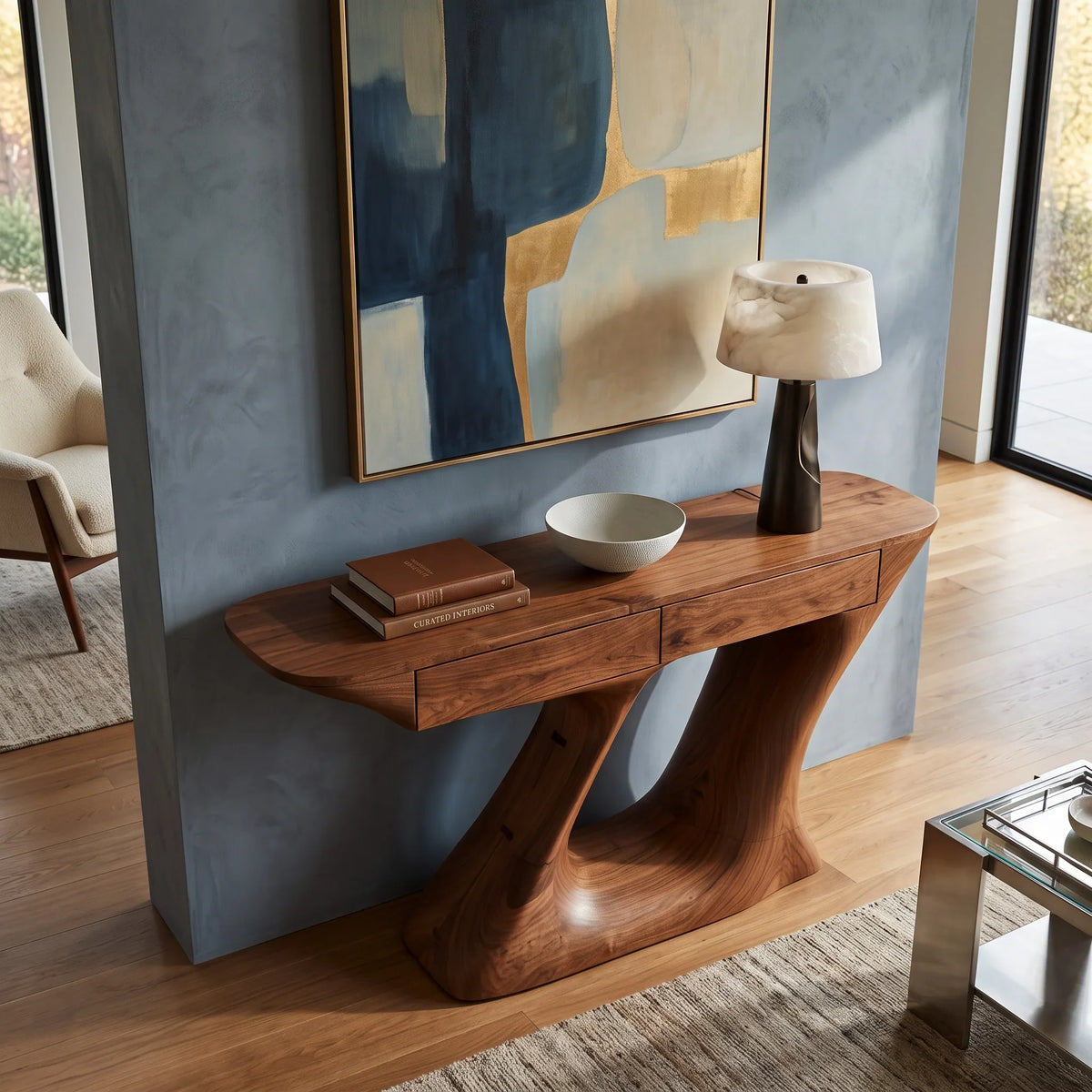 Organic Modern Sculptural Console Table With Drawers For Entryway