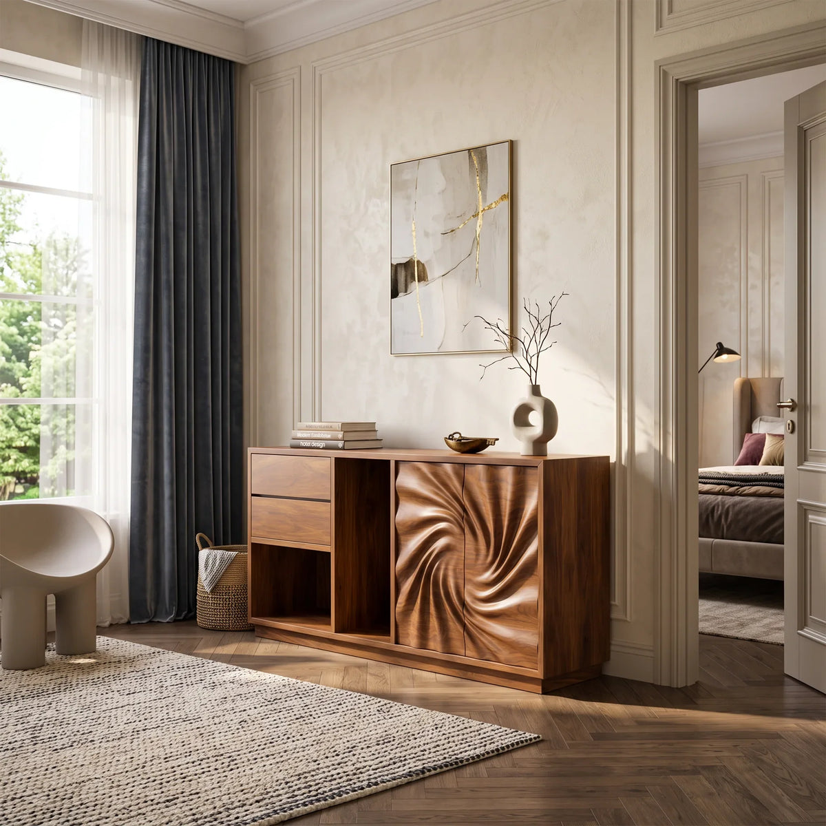 Modern Reeded Front Credenza Wide Living Room