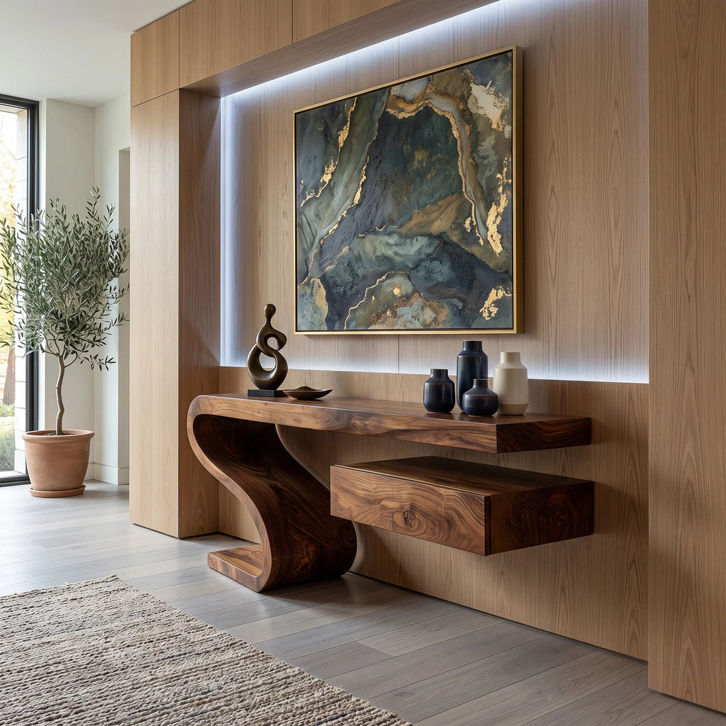 Sculptural Floating Console Table With Drawer For Entryway