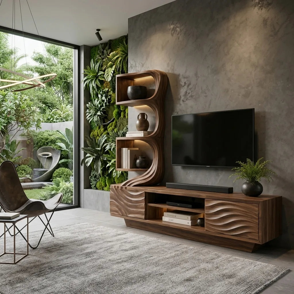 Modern Wave Carved TV Stand With Shelving For Living Room