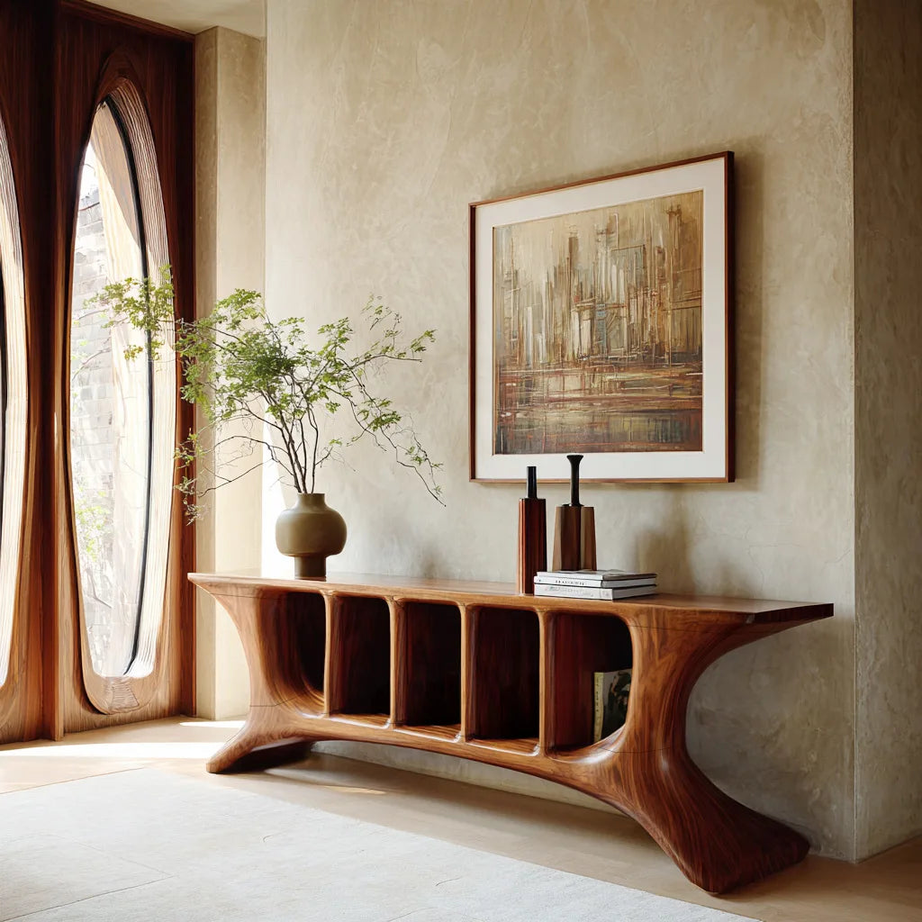 Modern Sculptural Open Shelf Console Table For Living Room