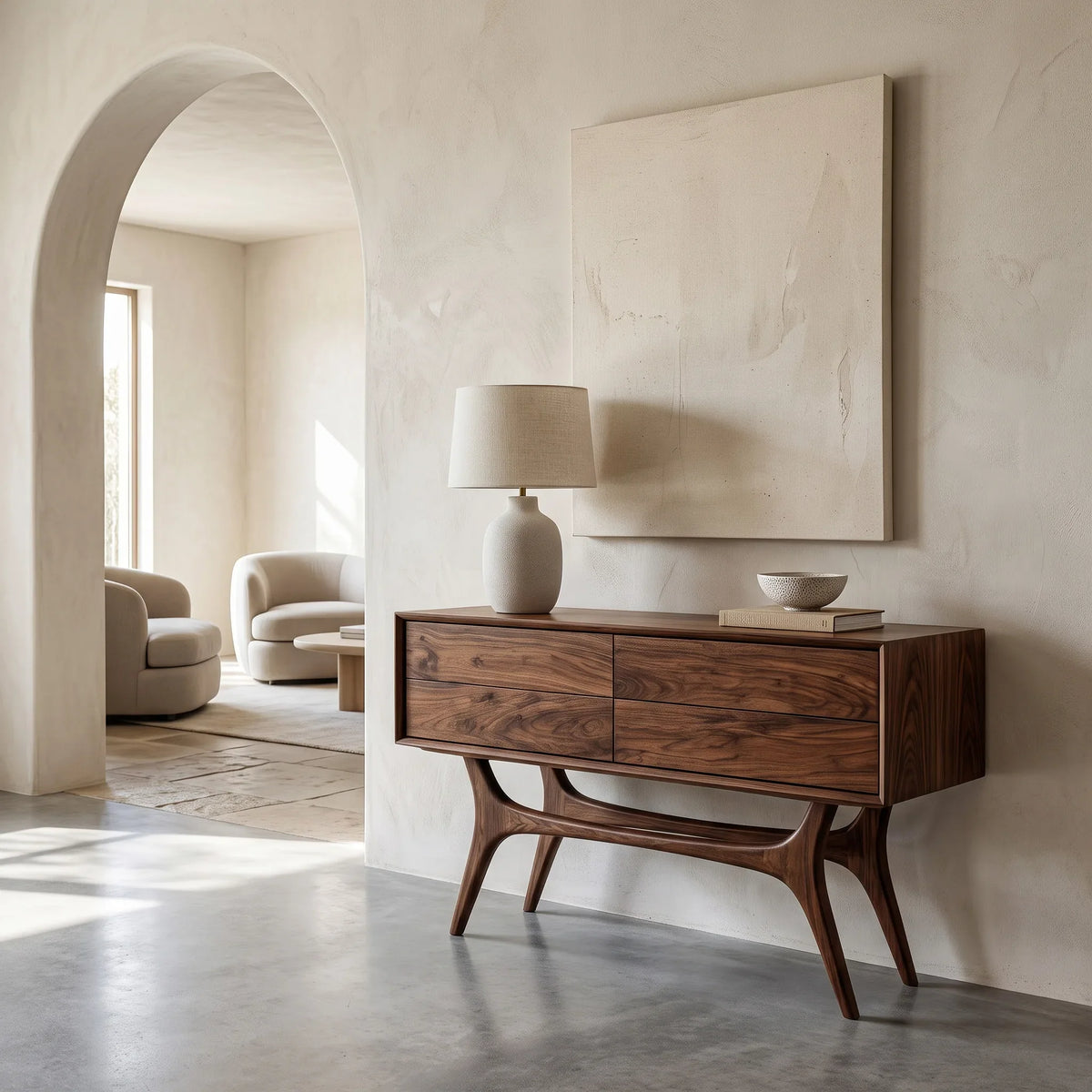 Organic Modern Curved Drawer Console Table For Entryway
