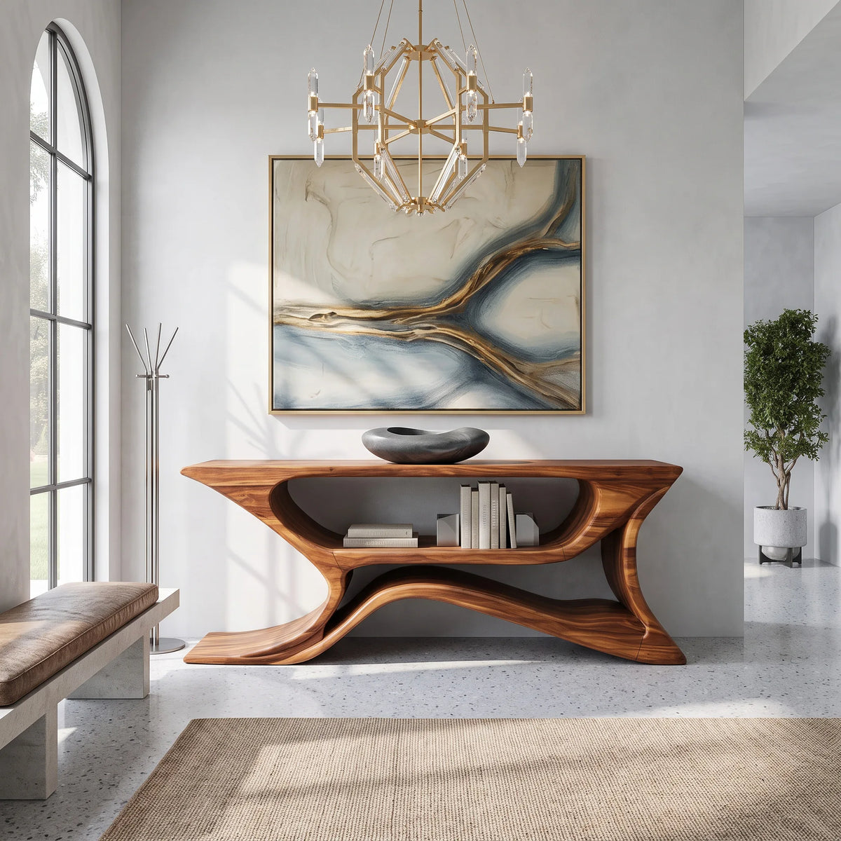 Modern Sculptural Open Shelf Console Table For Entryway