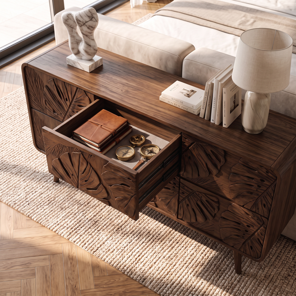 Rustic Dresser With Carved Floral Front For Bed Room