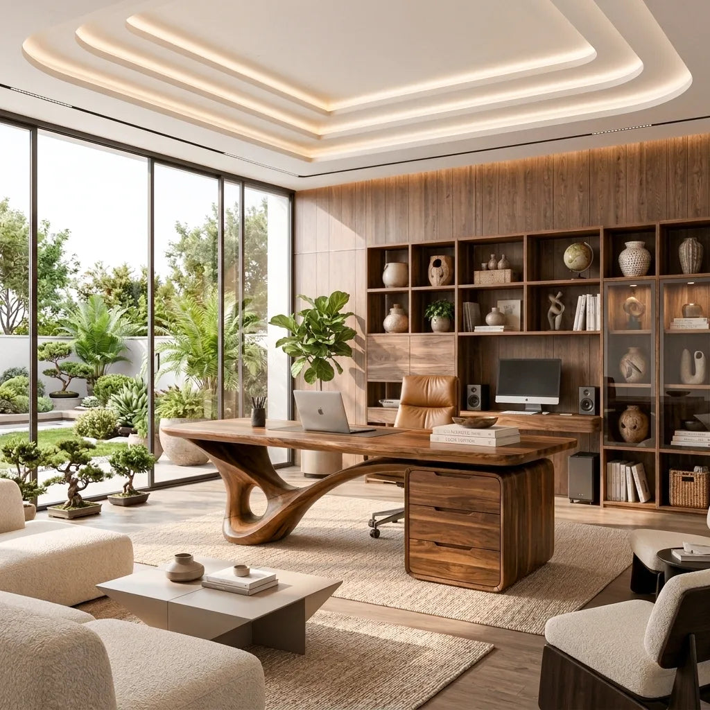 Modern Executive Desk Curved Base With Drawers For Home Office